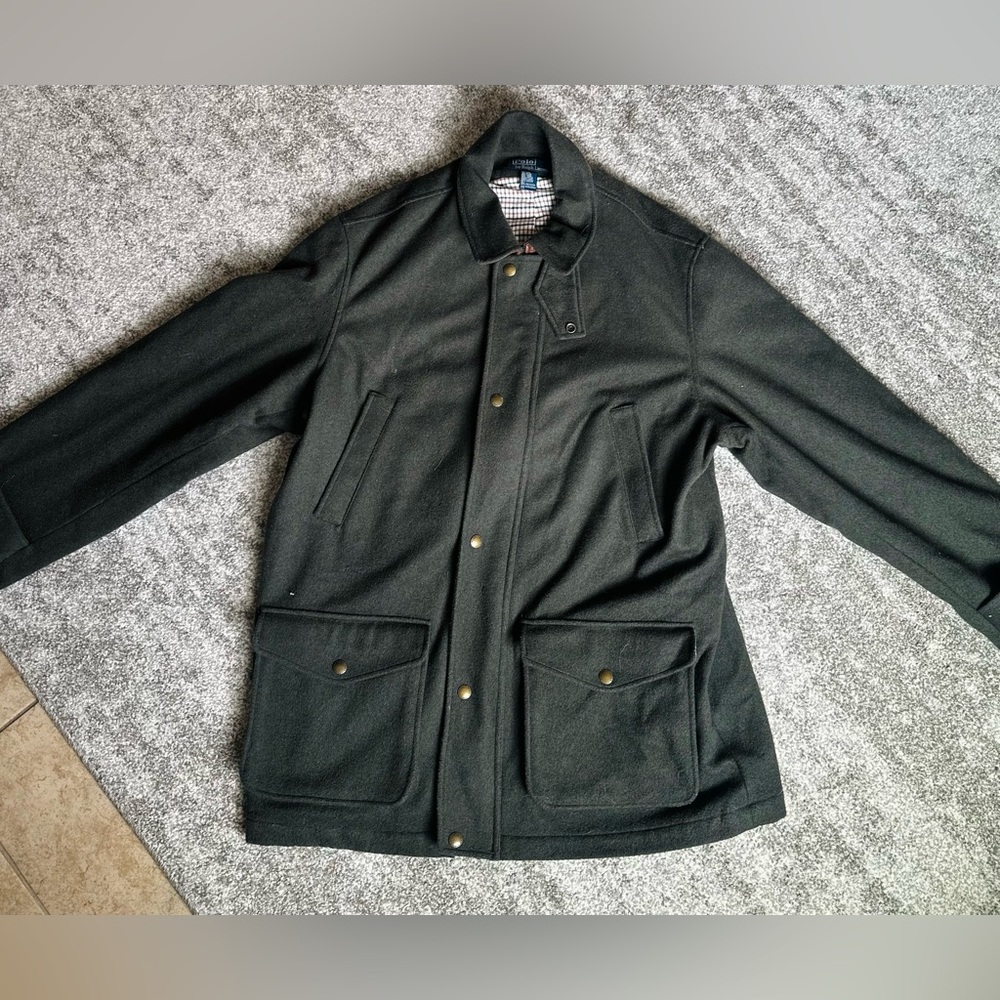 POLO RALPH LAUREN FOREST GREEN WOOL COAT/JACKET L PLAID LINING LEATHER COLLAR